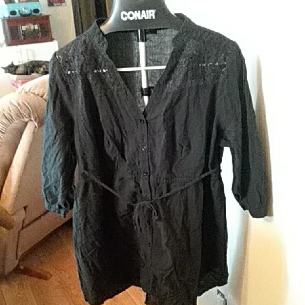 Black Button-Up Tunic with Lace Accents George 1X